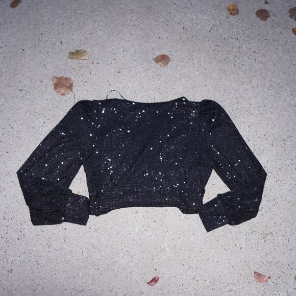 Sincerely Jules Bandier Sequin Top Black Deep V Long Sleeve Sz XL Party - Picture 7 of 13